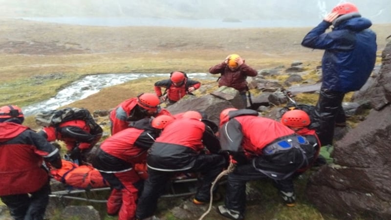 The Kerry Mountain Rescue Team stretchered an injured climber off Carrountoohil in the McGillycuddy Reeks in conditions described as atrocious. (Pics: Kerry Mountain Rescue Team)