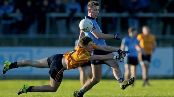 DCU's Dessie Ward tries to block Cormac Costello's shot at Parnell Park