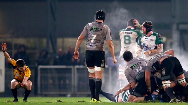 Connacht players react as the referee awards a late penalty
