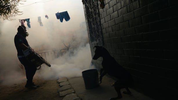 A health ministry employee fumigates a home against the spread of the Zika virus in El Salvador