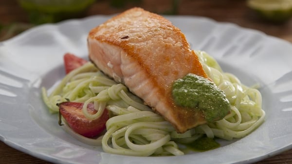 Kevin Dundon's pan seared fillet of salmon with coriander and chili pesto