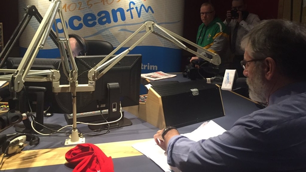 Gerry Adams speaking on Ocean FM. Pic: Samantha Libreri, Twitter