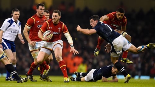 Wales wing George North on his way to scoring a try against Scotland