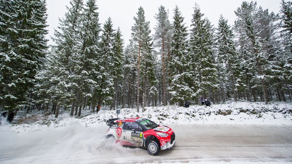 Craig Breen steers his Citroen around the icy course at Rally Sweden