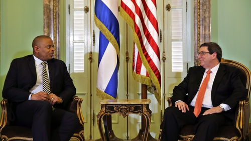 Cuban Minister of Foreign Affairs, Bruno Rodriguez (R) meets with US Secretary of Transportation, Anthony R. Foxx (L) in Havana