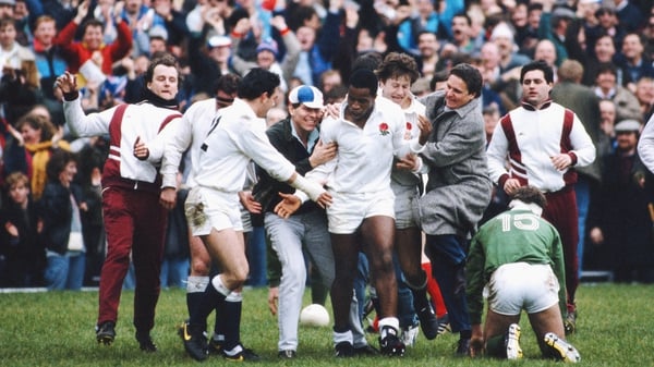 Chris Oti is congratulated by England fans after scoring a try in their 35-3 win in 1988