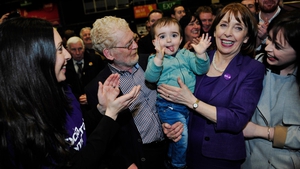 Social Democrats leader Róisín Shortall celebrates winning her Dáil seat with her grand nephew Dara Baxter in Dublin North-West