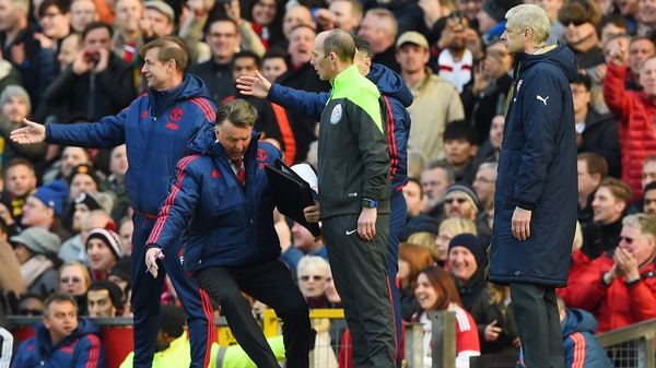 Louis van Gaal threw himself to the ground in frustration at what he saw as Arsenal diving