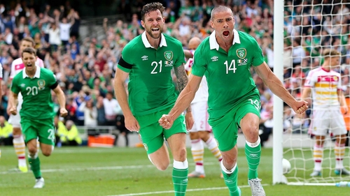 Jonathan Walters celebrates scoring the opening goal against Scotland