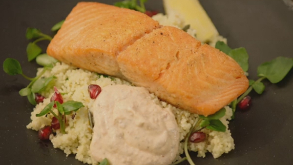 Crispy Salmon with Pomegranate and Watercress Couscous