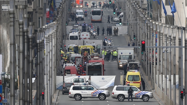Emergency workers at Rue de la Loi, after an explosion at Maelbeek Metro station