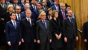 French PM Manuel Valls , Belgium King Philippe, European Commission President Jean-Claude Juncker, Belgium Queen Mathilde and Belgian PM Charles Michel attend pause at EU Commission headquarters