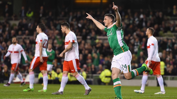 Ireland centre-half Ciaran Clark celebrates scoring his goal against Switzerland