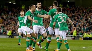 Duffy, second left, celebrates Ireland's Ciaran Clarke's goal against Switzerland