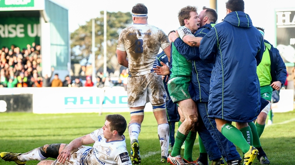 Connacht's Kieran Marmion celebrates his try with teammates