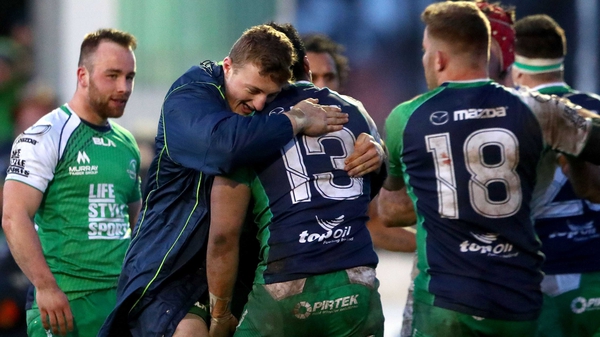 Connacht's Peter Robb and Bundee Aki celebrate after the final whistle
