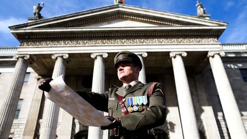 Captain Peter Kelleher reads the Proclamation of the Irish Republic in front of the GPO