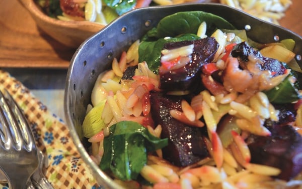 Catherine Fulvio's Warm Pancetta, Roasted Beetroot & Spinach Orzo Salad with Chilli Onion Dressing