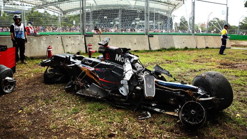 The wreckage of Fernando Alonso' McLaren from the Australian Grand Prix at Albert Park