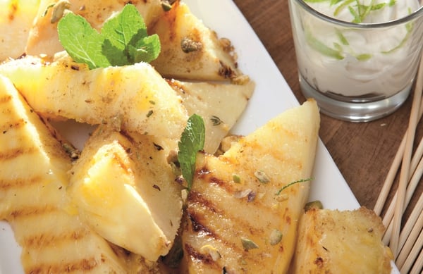 Catherine Fulvio's Chargrilled Pistachio-Dukkah Pineapple Wedges with Lime Cream
