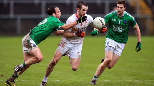 Fermanagh's Paul McCusker and Eoin Donnelly hunt down Tyrone's Ronan McNamee