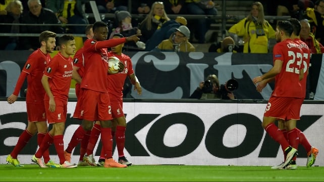 Liverpool celebrate Divock Origi's opener