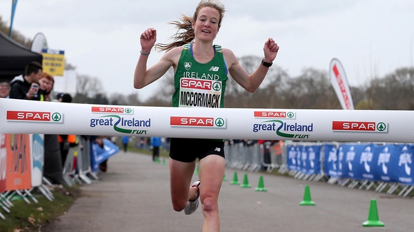 Fionnuala McCormack crosses the finish line at the SPAR Great Ireland Run in the Phoenix Park