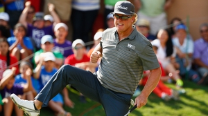 Hoffman celebrates a bunker shot on his way to Texas victory