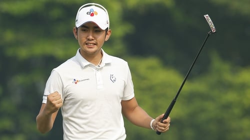 Lee Soomin celebrates his winning putt in China on Monday