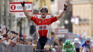 Griepel raises his hands in celebration at winning Wednesday's fifth stage of the Giro d'Italia