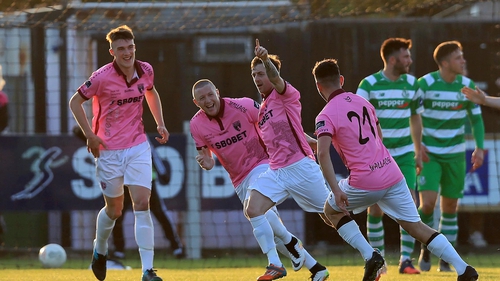 Andy Mulligan of Wexford Youths celebrates scoring the opener against Shamrock Rovers