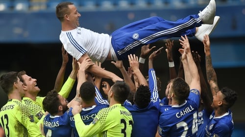 Terry is thrown in the air by his team mates after what looked to be his last appearance at Stamford Bridge last week