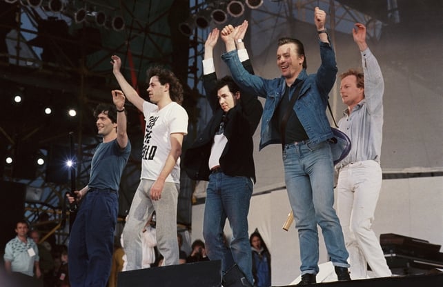 The Boomtown Rats on stage during 'Self Aid' (1986)