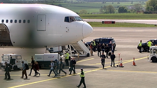 The cast and crew arrived at Cork Airport on Monday afternoon on board a Titan Airways Boeing 767 which had taken off from Belfast