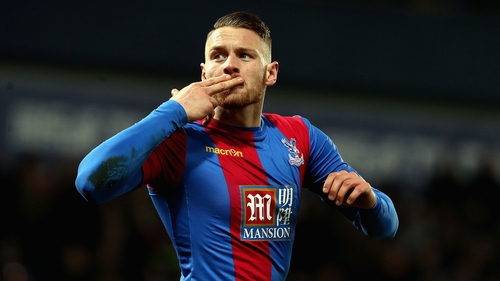 Connor Wickham celebrates scoring for Crystal Palace against West Brom in February