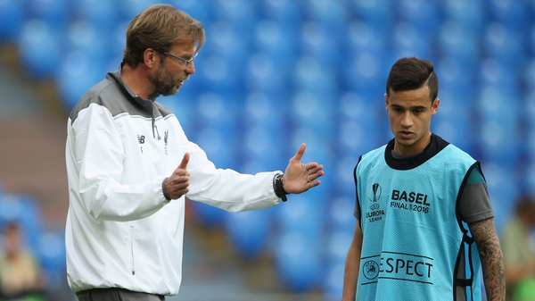 Klopp and Coutinho together in training at St Jakob-Park in Basel as they prepare for their clash with Sevilla