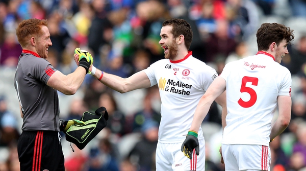 Tyrone goalkeeper Michael O'Neill and Ronan McNamee celebate after the recent Division 2 league final win over Cavan