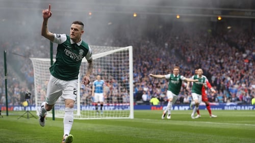 Stokes celebrates after scoring for Hibs against Rangers at Hampden Park