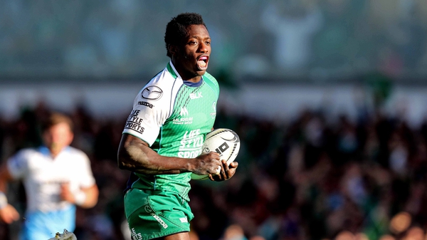 Niyi Adeolokun charges over for Connacht's try on their way to a 16-11 semi-final win over Glasgow