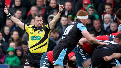Nigel Owens during last year's final between Munster and Glasgow