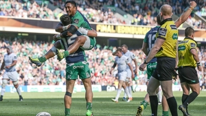 Bundee Aki celebrates the opening try from Tiernan O'Halloran