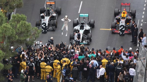 Mercedes AMG Petronas' Lewis Hamilton celebrates at end of the Monaco Grand Prix