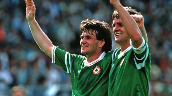 Ray Houghton (L) pictured with Kevin Moran celebrating victory