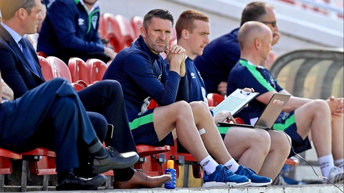 Robbie Keane looks on as the Ireland squad train at Turner's Cross