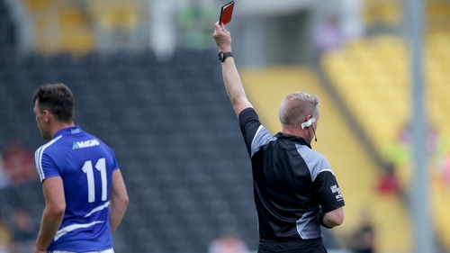 John O'Loughlin of is red carded by referee Ciarán Branagan