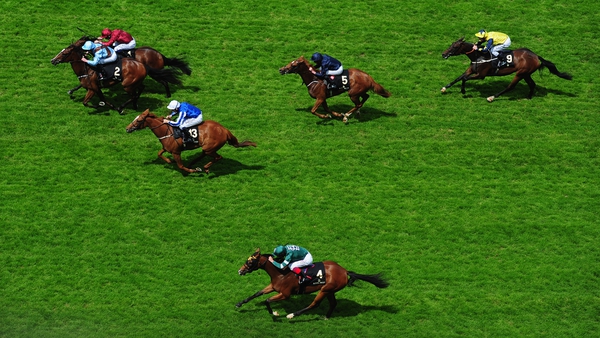 Brave Anna (light blue) holds off Bletchley to win the Albany Stakes
