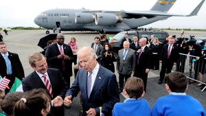 Joe Biden is greeted by schoolchildren at Knock Airport