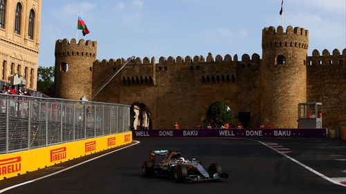 Lewis Hamilton in action during qualifying for the European GP at Baku City Circuit