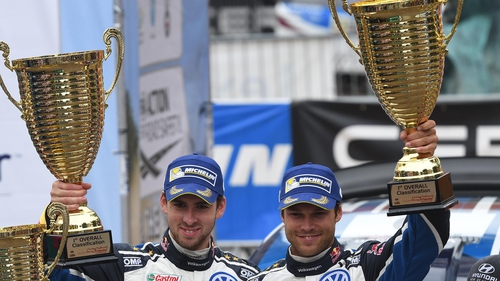 Andreas Mikkelsen and Anders Jaeger celebrate their victory