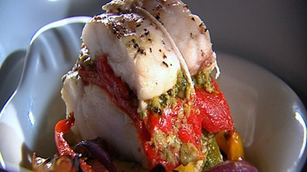 Monkfish roasted with Mediterranean vegetables and pesto.